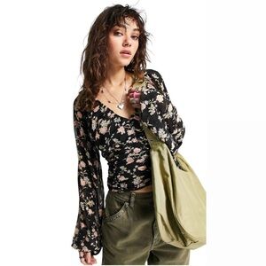 NWT Free People Final Rose Blouse Black Multi Color Floral Print 0087